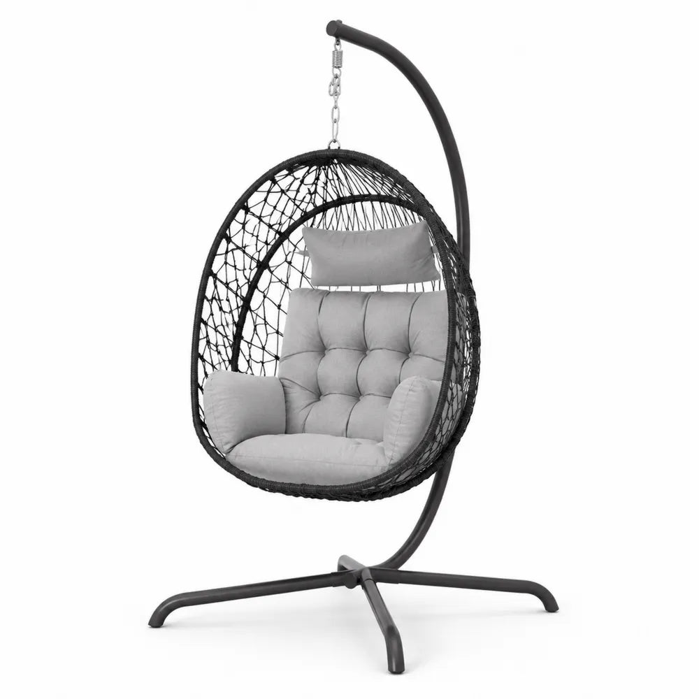 Chaise suspendue en métal avec coussin en tissu gris