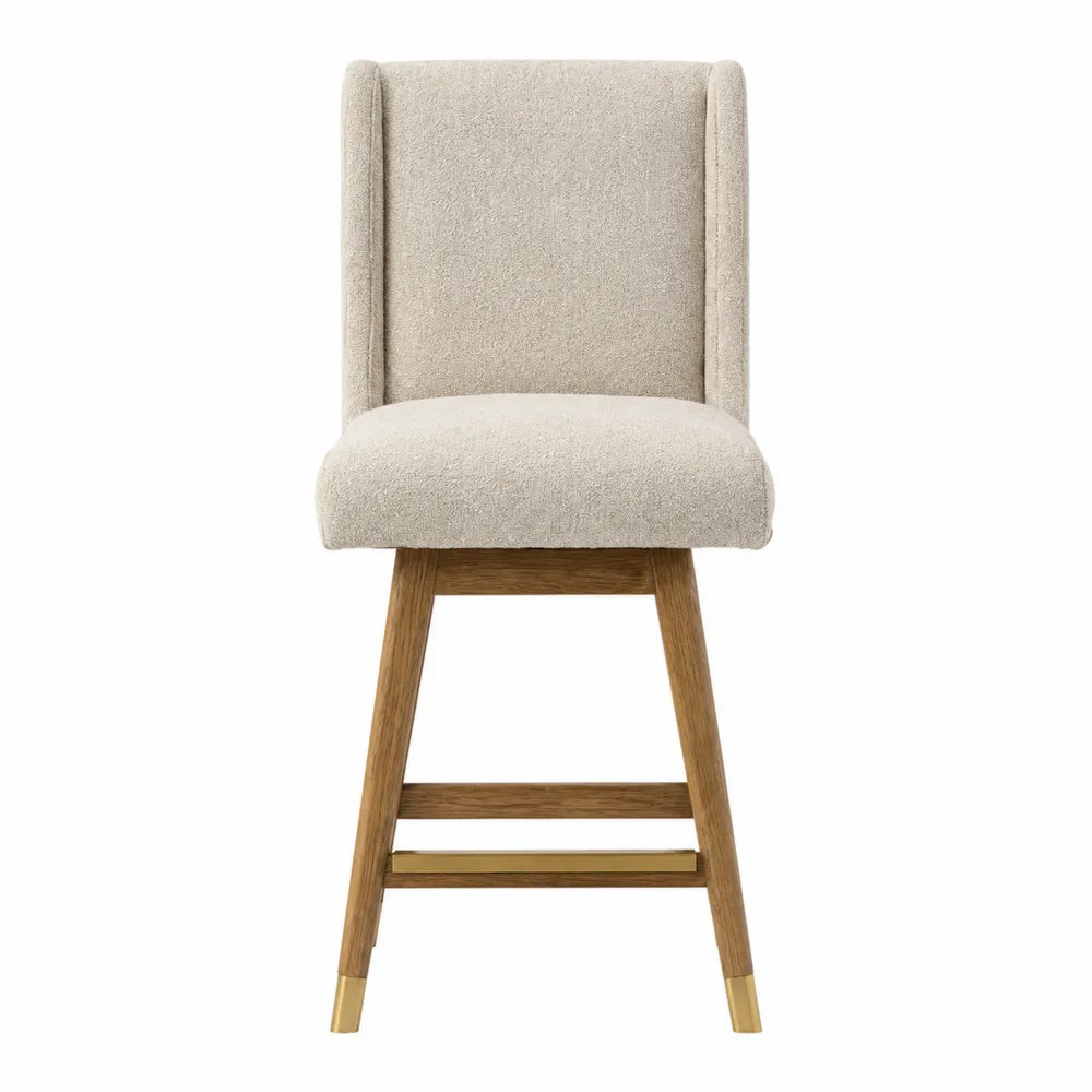 Chaise de bar en tissu polyester beige avec pieds en chêne et laiton