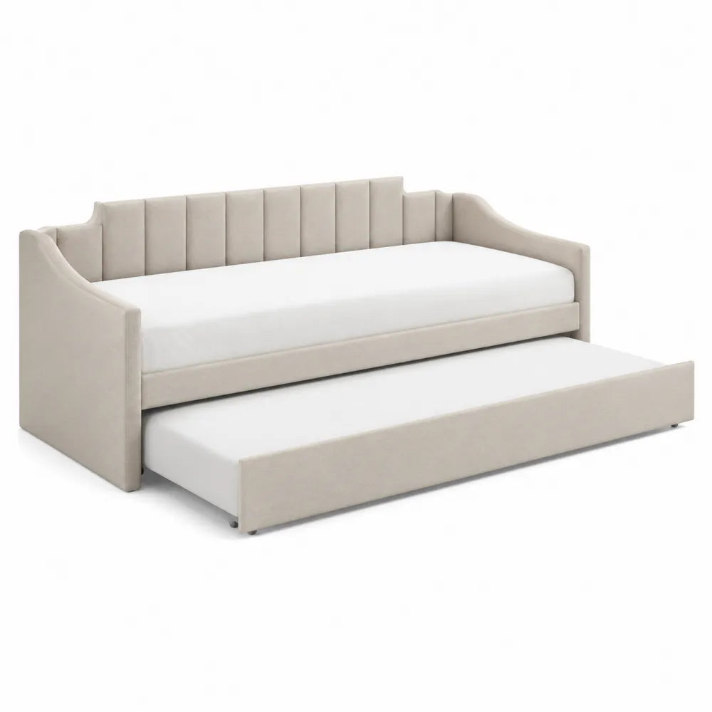 Canapé-lit gigogne en velours beige avec structure en bois