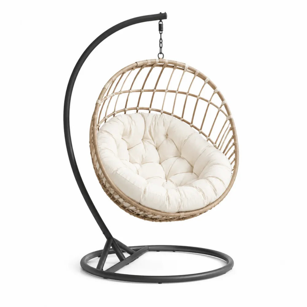 Fauteuil suspendu en rotin synthétique et acier avec coussin polyester crème