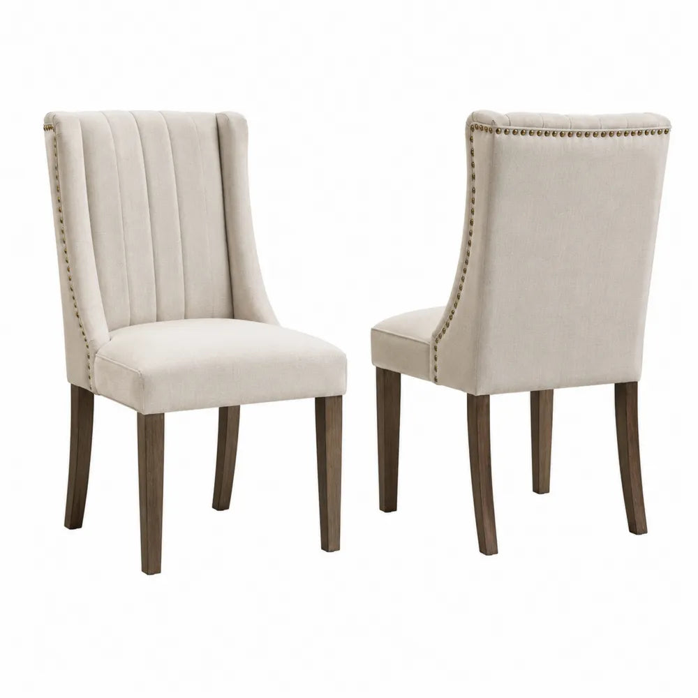 Lot de 2 chaises en tissu polyester beige avec pieds en bois d'hévéa