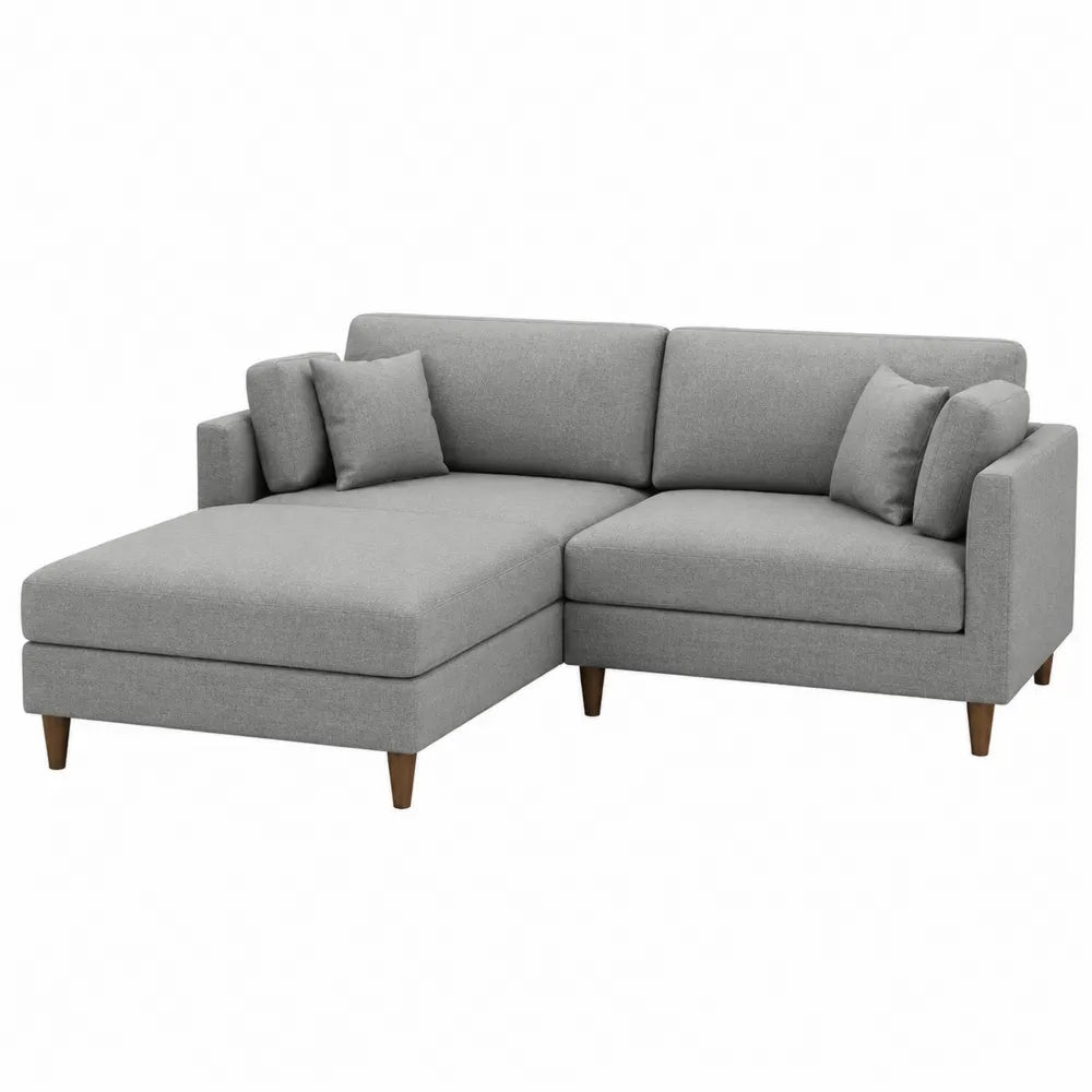 Canapé d'angle en tissu polyester gris avec pieds en bois