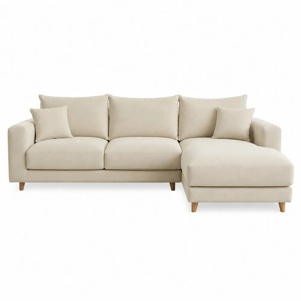 Canapé d'angle en tissu polyester beige avec méridienne