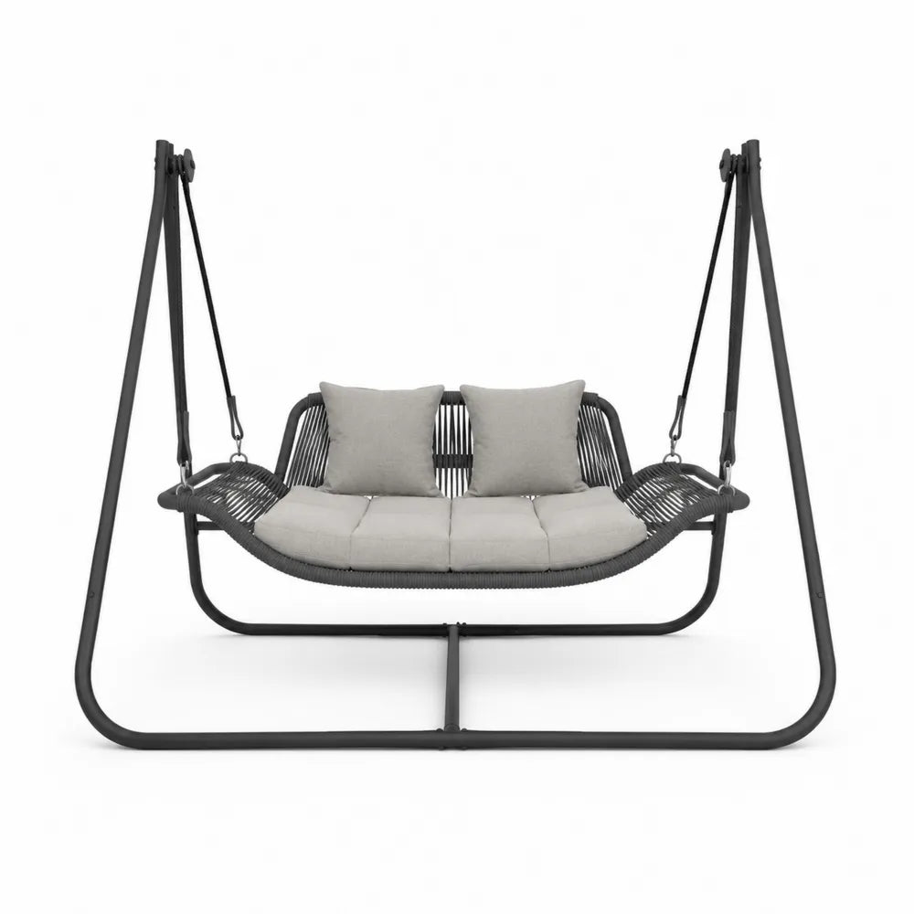 Balancelle extérieure en acier et rotin avec coussins gris