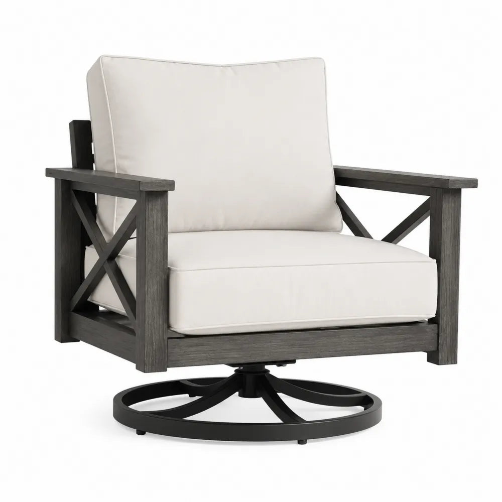 Fauteuil pivotant en bois et métal avec coussins en polyester beige
