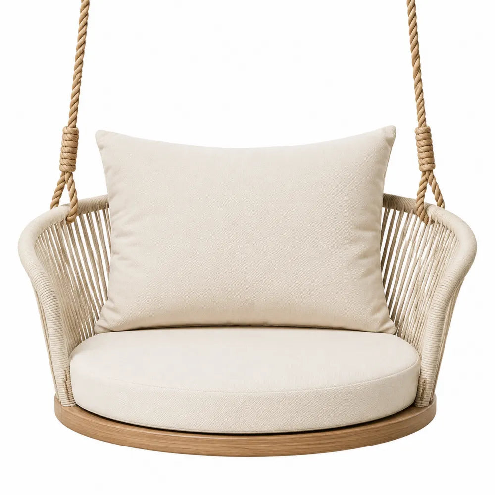 Chaise suspendue en corde et bois beige pour l'extérieur