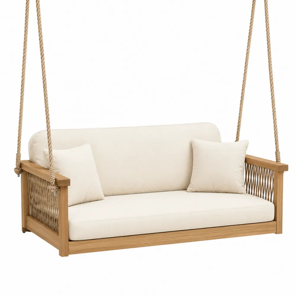 Balancelle en bois avec coussins en teck et polyester