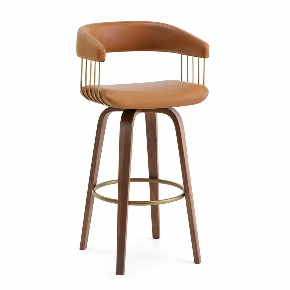 Tabouret de bar en cuir synthétique caramel avec pieds en noyer