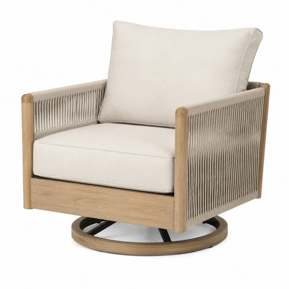 Fauteuil pivotant extérieur en bois et corde beige