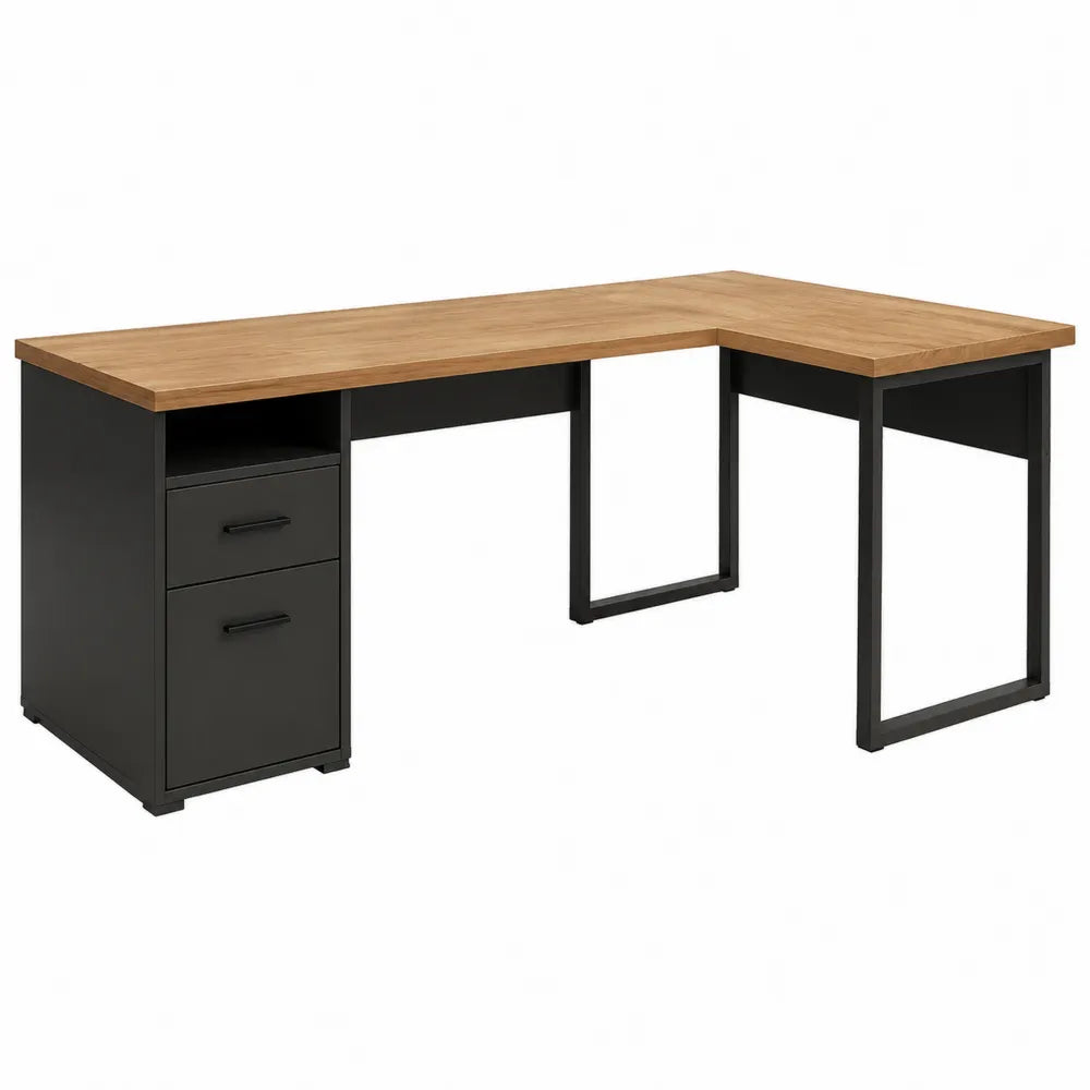 Bureau d'angle en bois et métal avec tiroirs