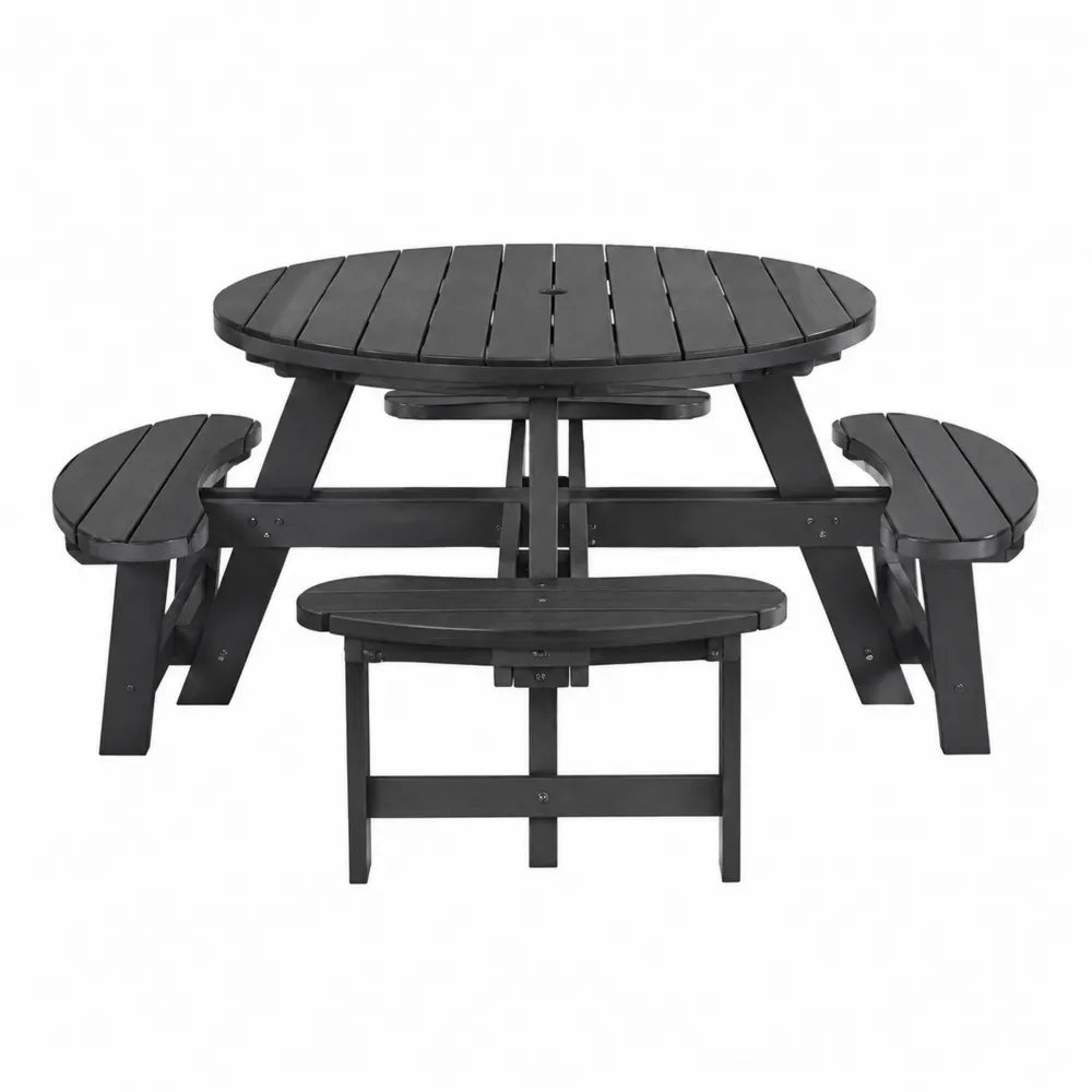 Table de pique-nique ronde en bois composite noir avec bancs intégrés