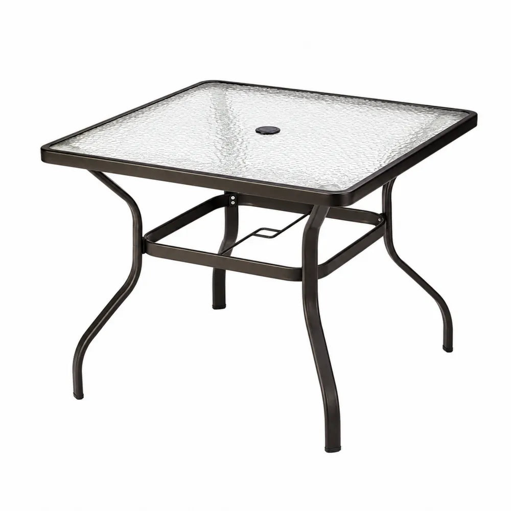 Table de jardin carrée en verre trempé 8 mm 90x90 cm cadre en acier noir