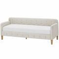 Canapé-lit en tissu polyester beige avec pieds en bois massif