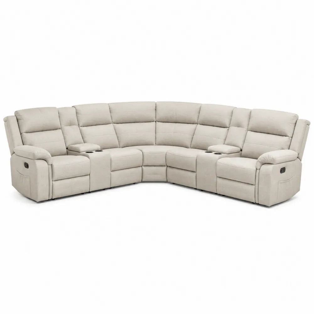 Canapé d'angle modulaire en tissu beige avec repose-pieds