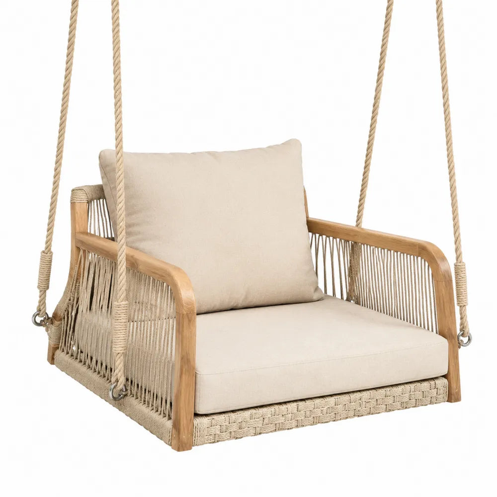 Chaise suspendue en teck et corde avec coussins en lin beige