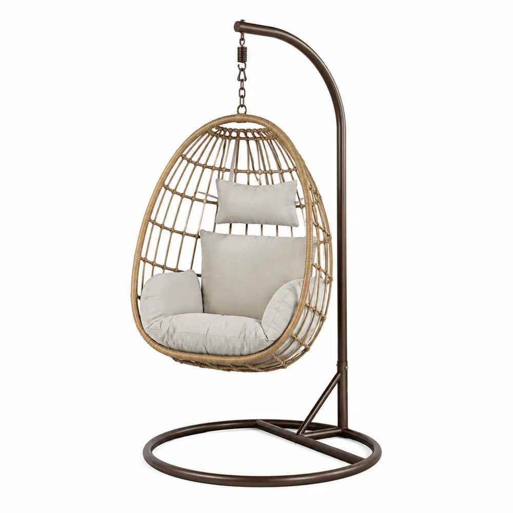 Chaise suspendue en rotin et métal avec coussins beige