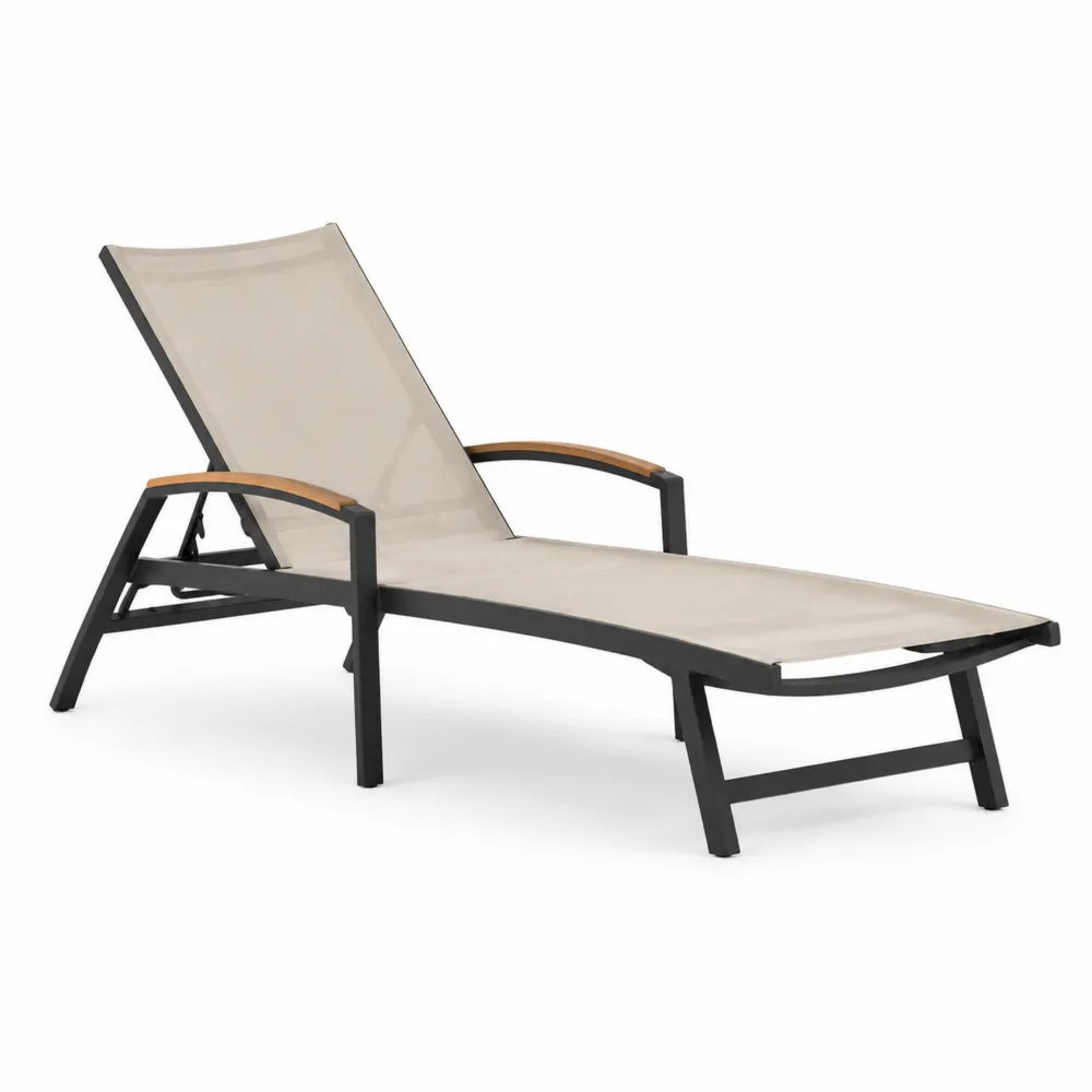 Chaise longue en aluminium et textilène avec accoudoirs en teck