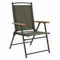 Chaise pliante en métal et textile polyester vert avec accoudoirs en bois