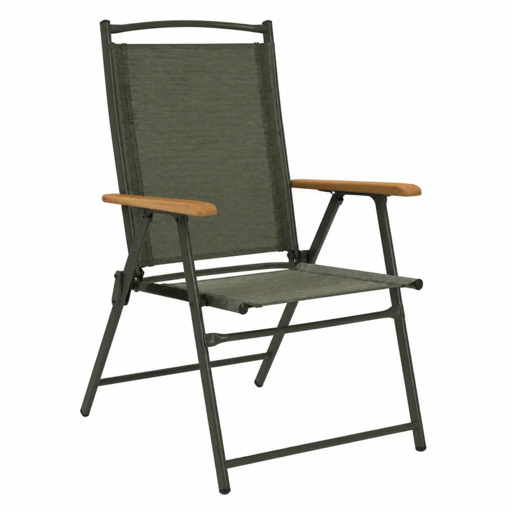 Chaise pliante en métal et textile polyester vert avec accoudoirs en bois