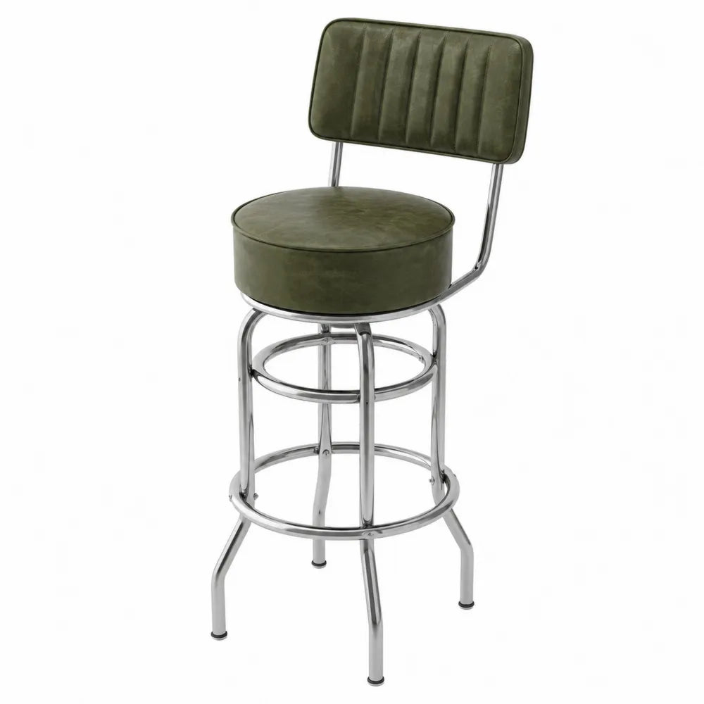Tabouret de bar en métal chromé et simili cuir vert
