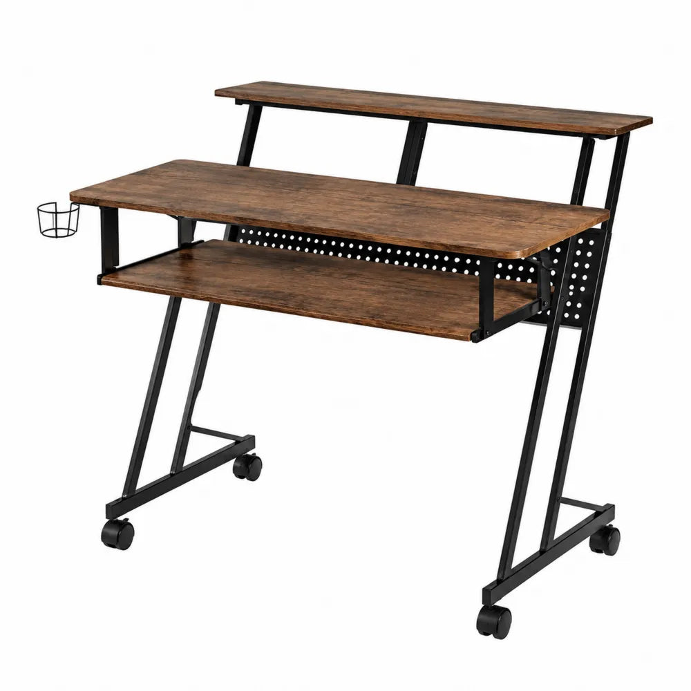 Bureau en bois et métal avec roulettes et étagère