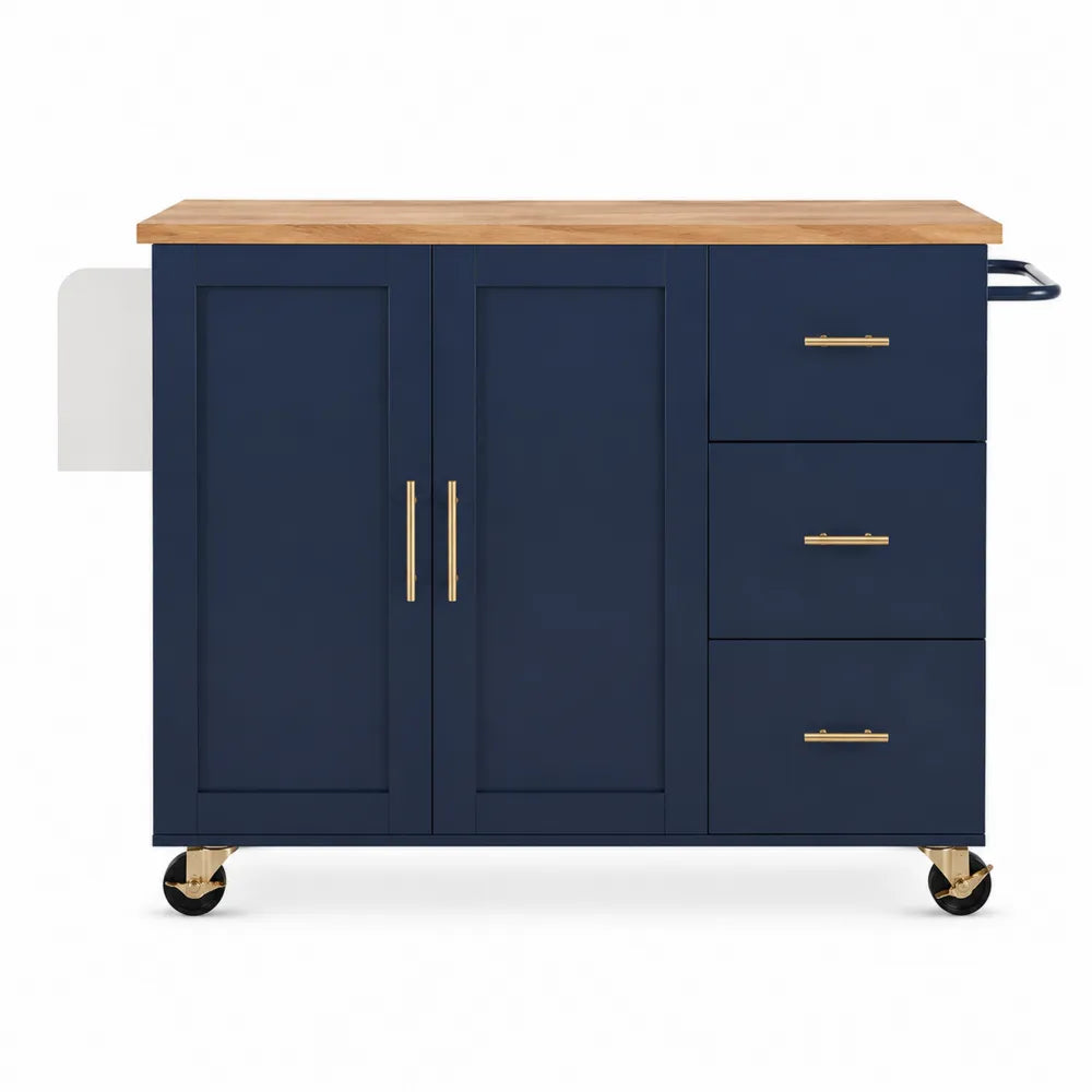 Chariot de cuisine en bois et métal bleu avec dessus en chêne