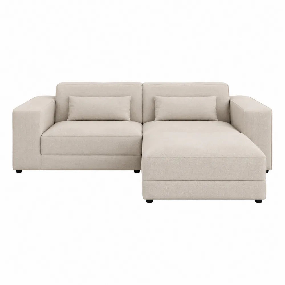 Canapé d'angle en tissu polyester beige avec coussins