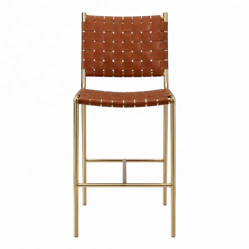 Tabouret de bar en cuir synthétique brun et métal doré 98 cm