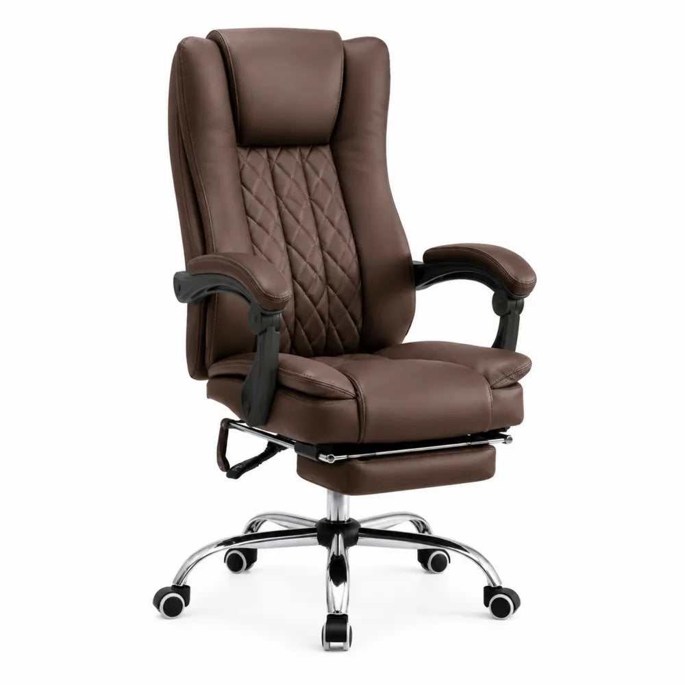 Chaise de bureau en cuir synthétique marron avec repose-pieds et accoudoirs