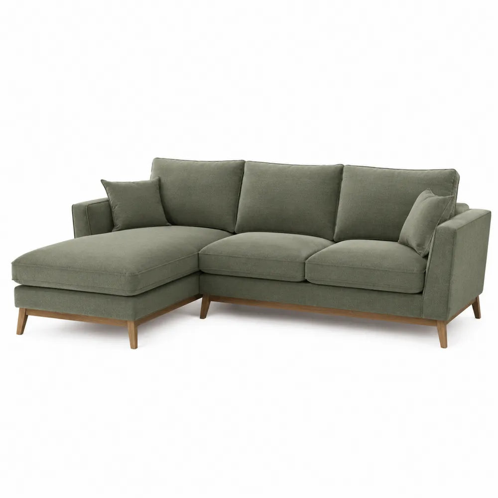 Canapé en bois et tissu polyester vert avec méridienne 290x165x85 cm