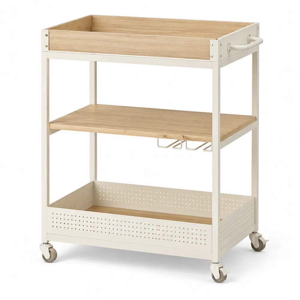 Chariot de service 3 niveaux acier et MDF blanc et bois 80x40x85 cm