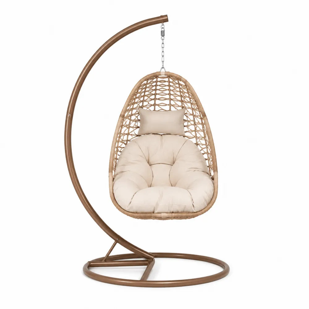Chaise suspendue en rotin avec coussin en polyester beige et support métallique