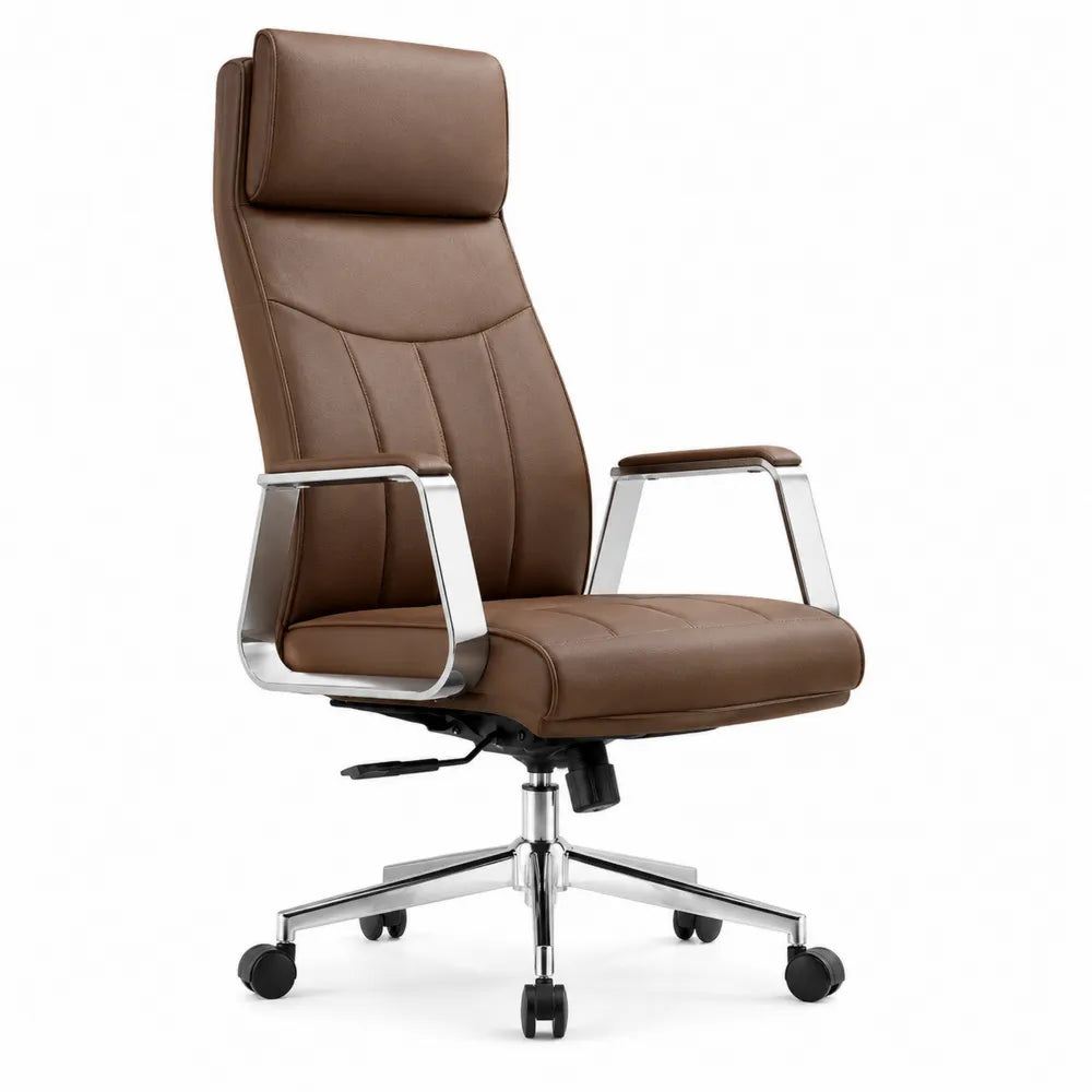 Chaise de bureau en cuir synthétique brun et métal chromé