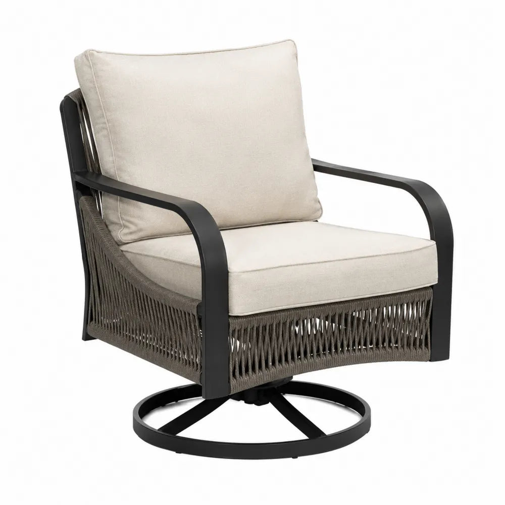 Fauteuil pivotant en aluminium et corde avec coussins beiges