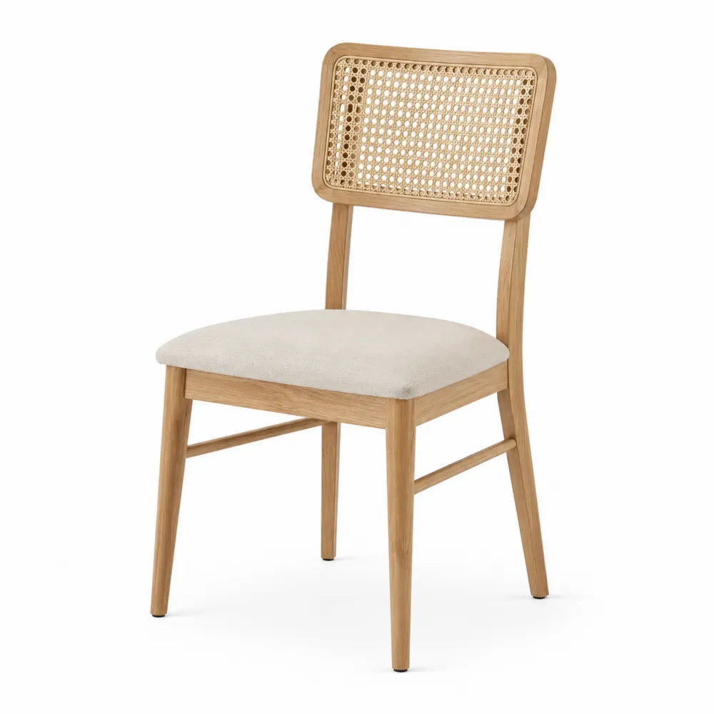 Chaise en bois avec dossier en rotin et siège en tissu beige