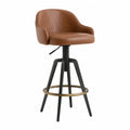 Tabouret de bar en cuir synthétique marron avec structure en acier et repose-pieds en laiton