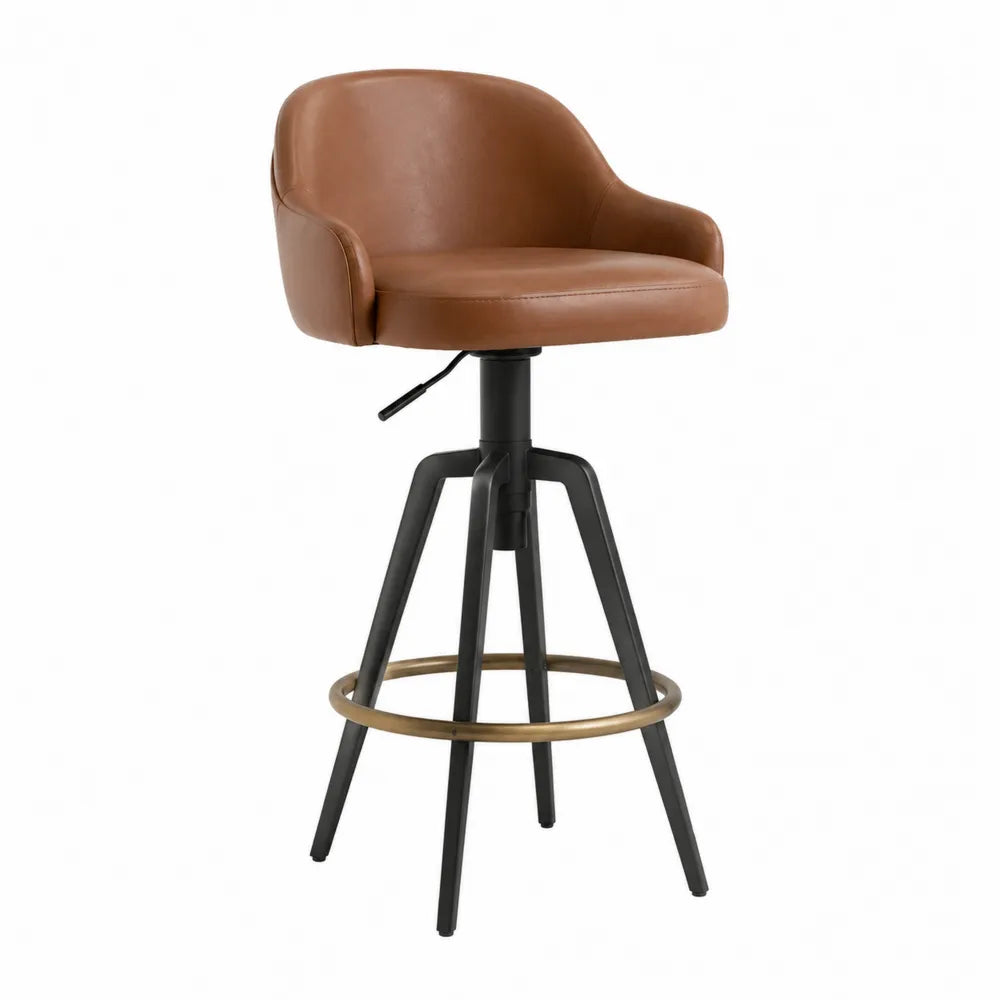 Tabouret de bar en cuir synthétique marron avec structure en acier et repose-pieds en laiton
