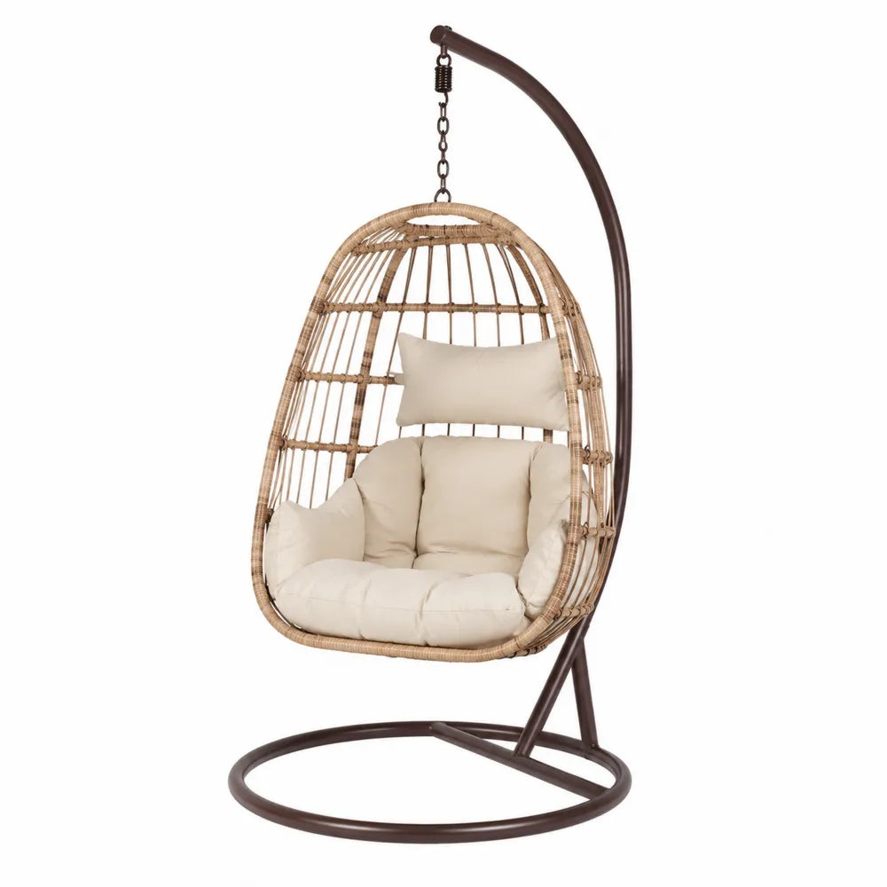 Chaise suspendue en rotin synthétique avec coussins beiges et support en métal