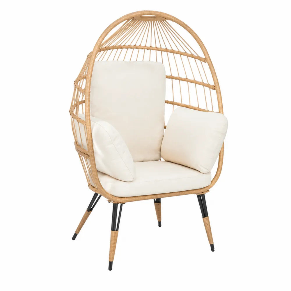Fauteuil en rotin synthétique avec coussins, structure en acier, beige et noir