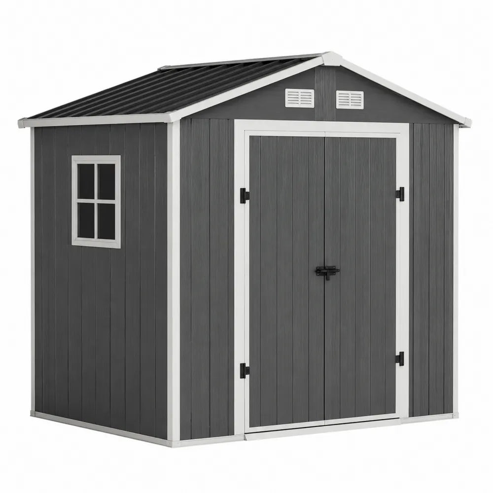 Abri de jardin en plastique gris et blanc avec portes doubles et fenêtres