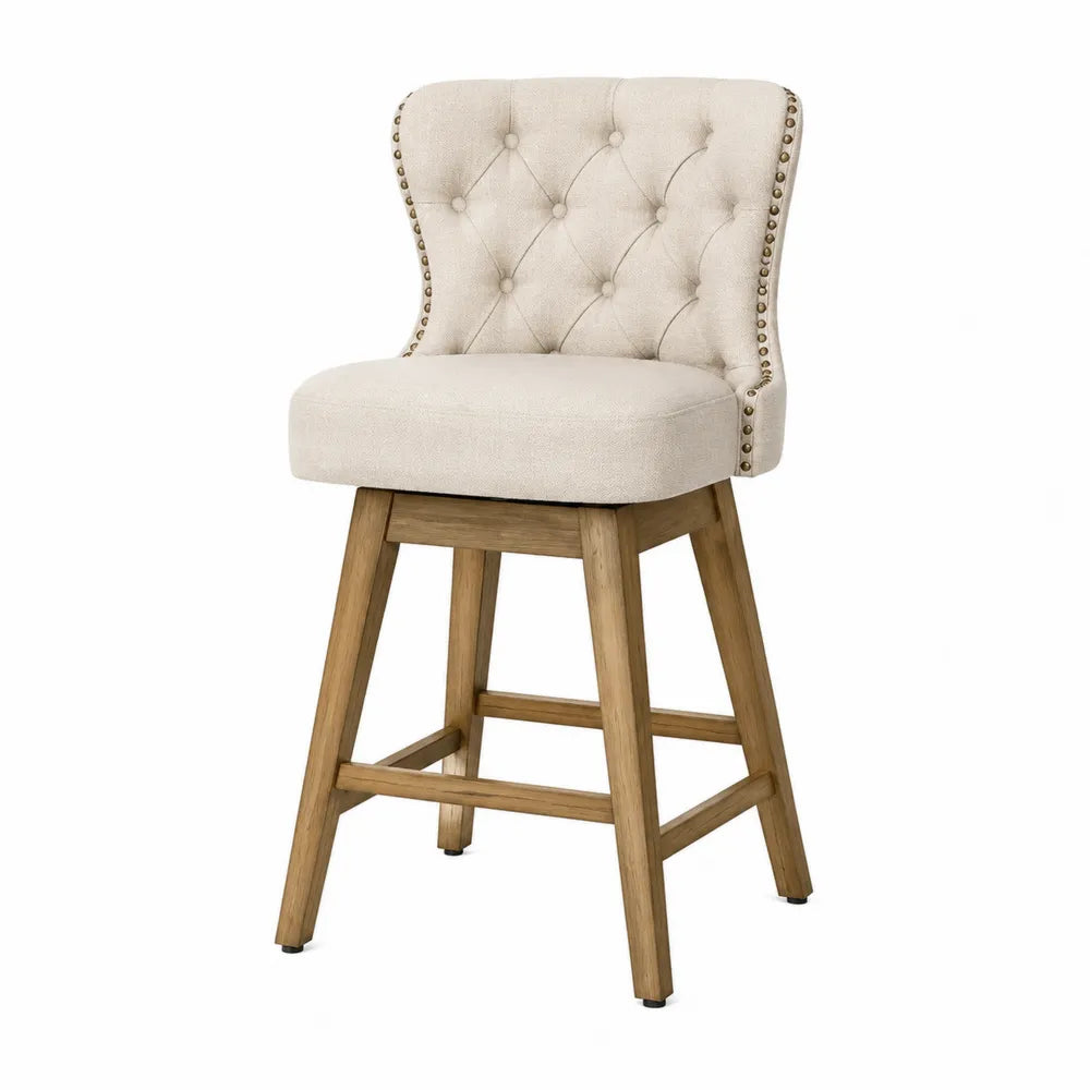 Chaise de bar pivotante en lin beige avec structure en bois de chêne