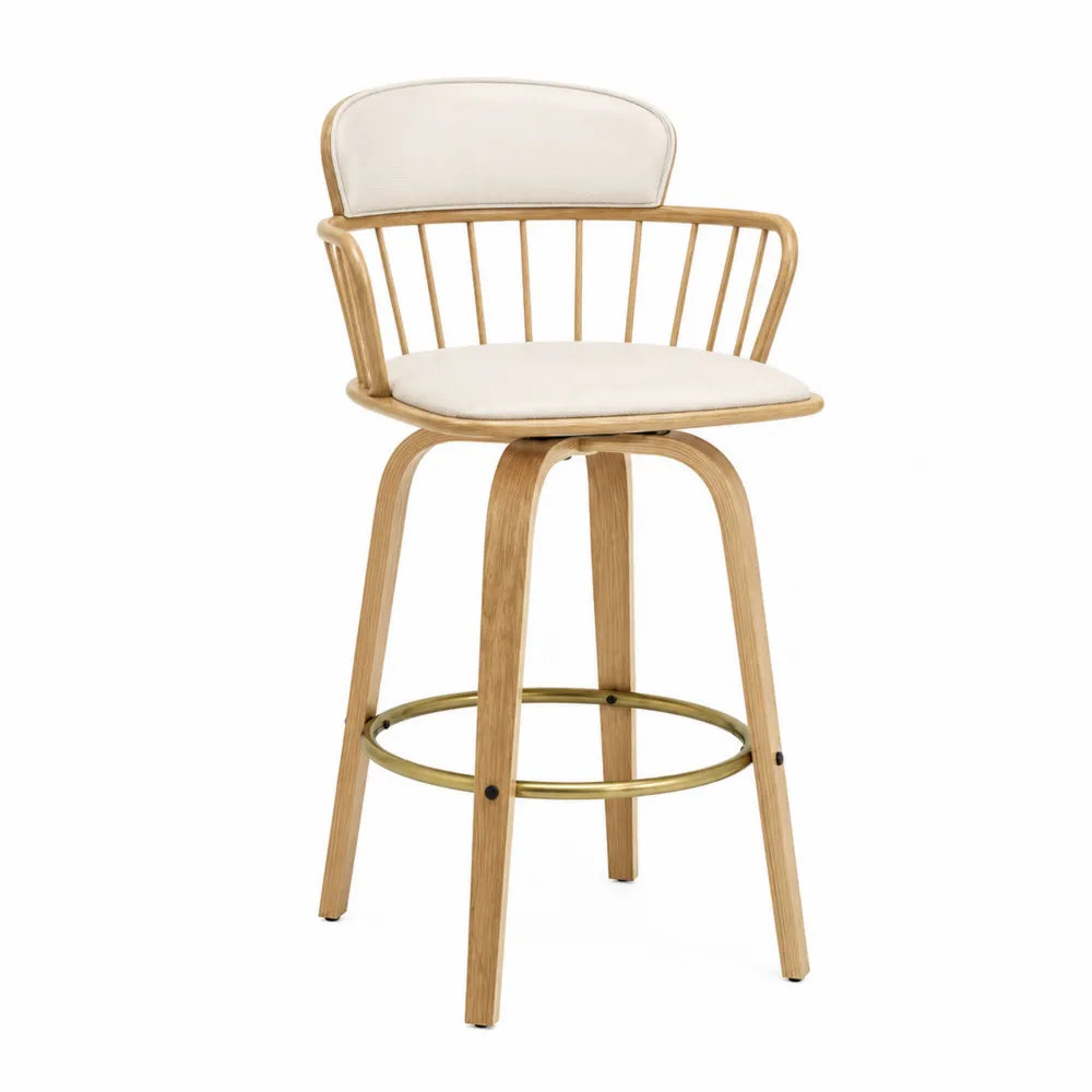Tabouret de bar pivotant bois clair tissu beige avec dossier incurvé
