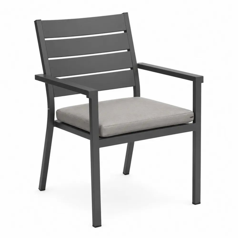 Chaise extérieure en aluminium gris foncé avec coussin gris clair