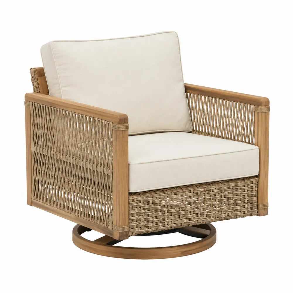 Fauteuil pivotant en bois et résine tressée avec coussins crème