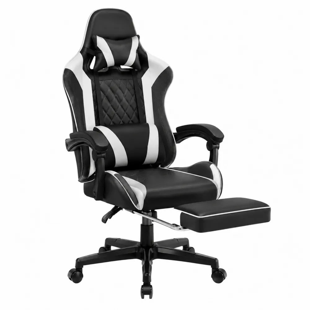 Chaise de bureau en cuir PU avec repose-pieds noir et blanc
