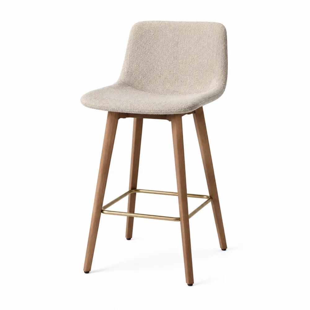 Tabouret de bar en bois et polyester beige avec repose-pieds en acier