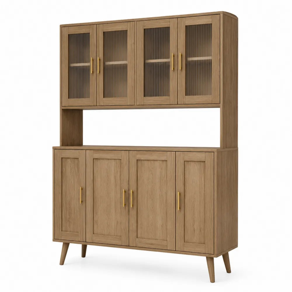 Buffet haut en bois avec portes en verre ondulé, chêne clair, 120x40x200 cm