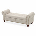 Banquette de rangement en tissu polyester beige avec pieds en bois