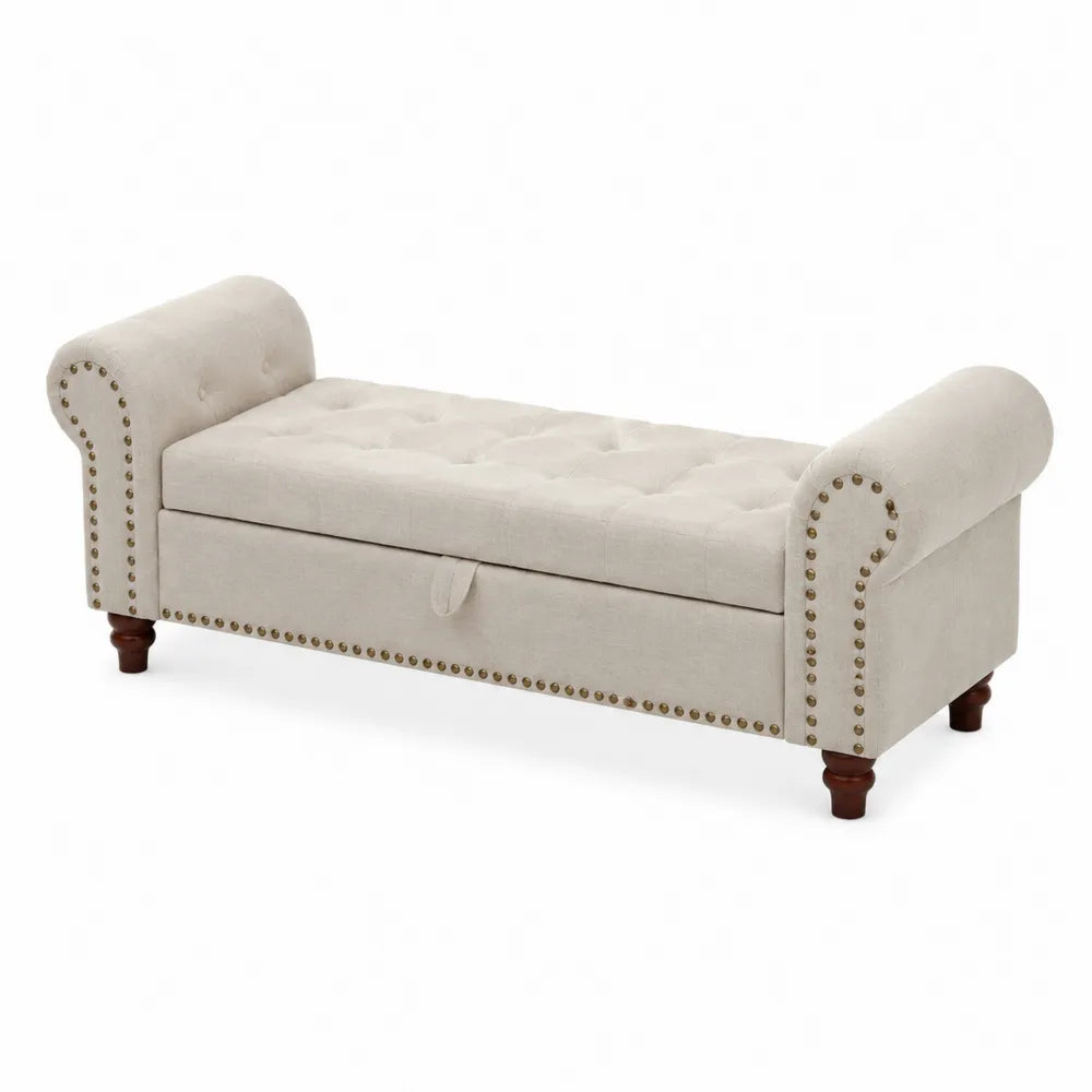 Banquette de rangement en tissu polyester beige avec pieds en bois