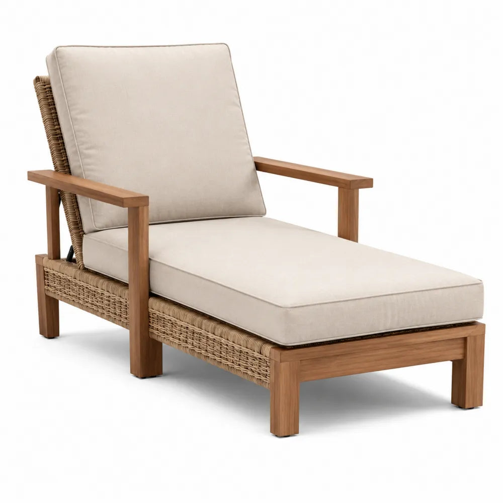 Chaise longue en bois et rotin beige avec coussins
